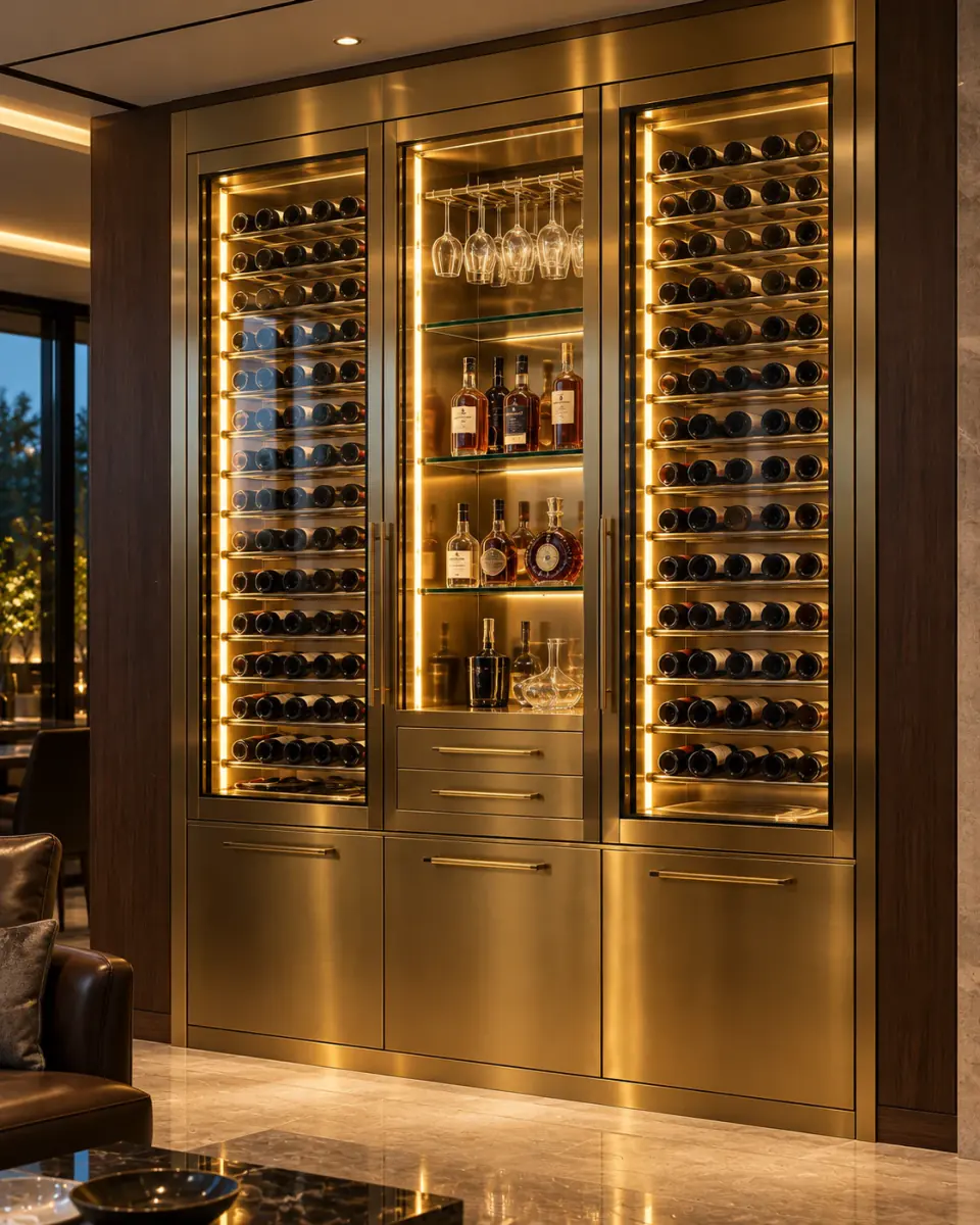 Built in bar and wine cabinet in gold PVD stainless steel with wine racking, stemware rack, spirits shelves and drawers (rendering)
