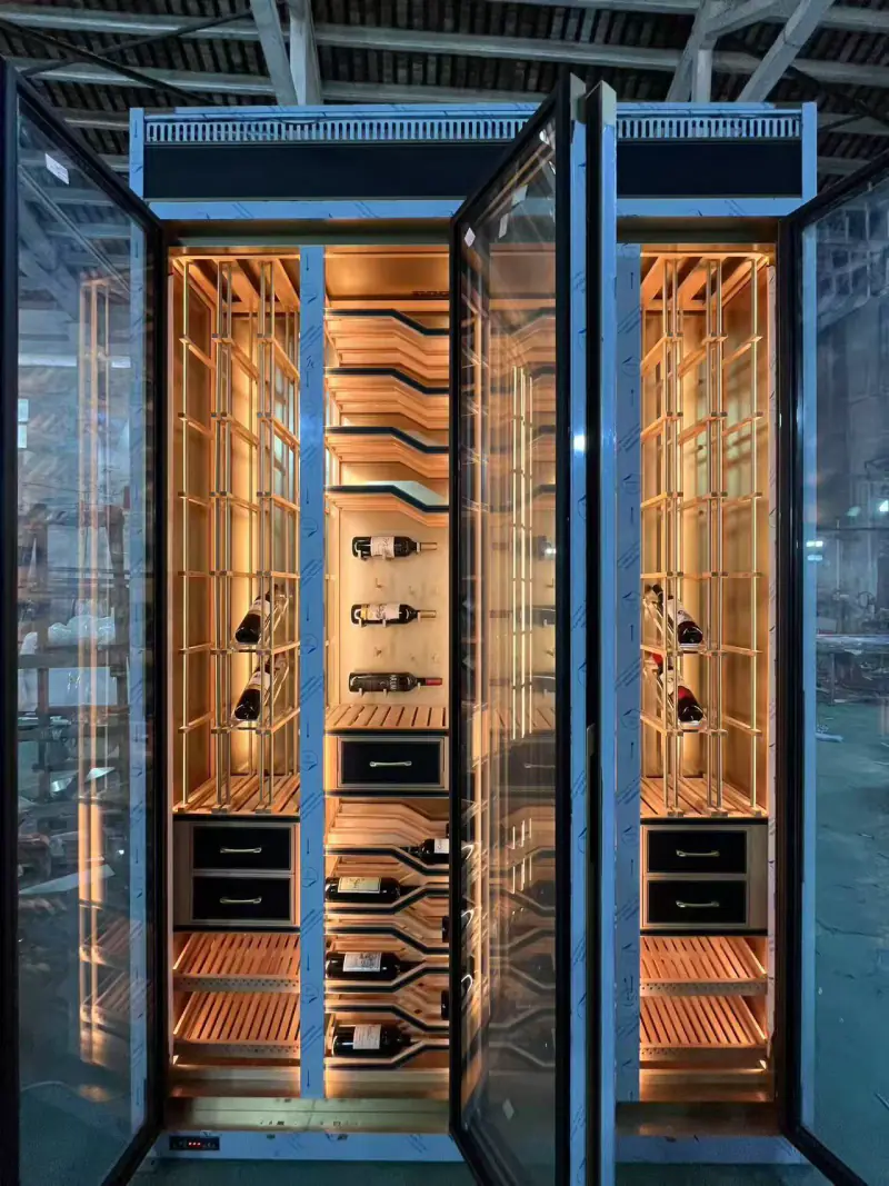 Finished double door wine cabinet with doors open for a final check