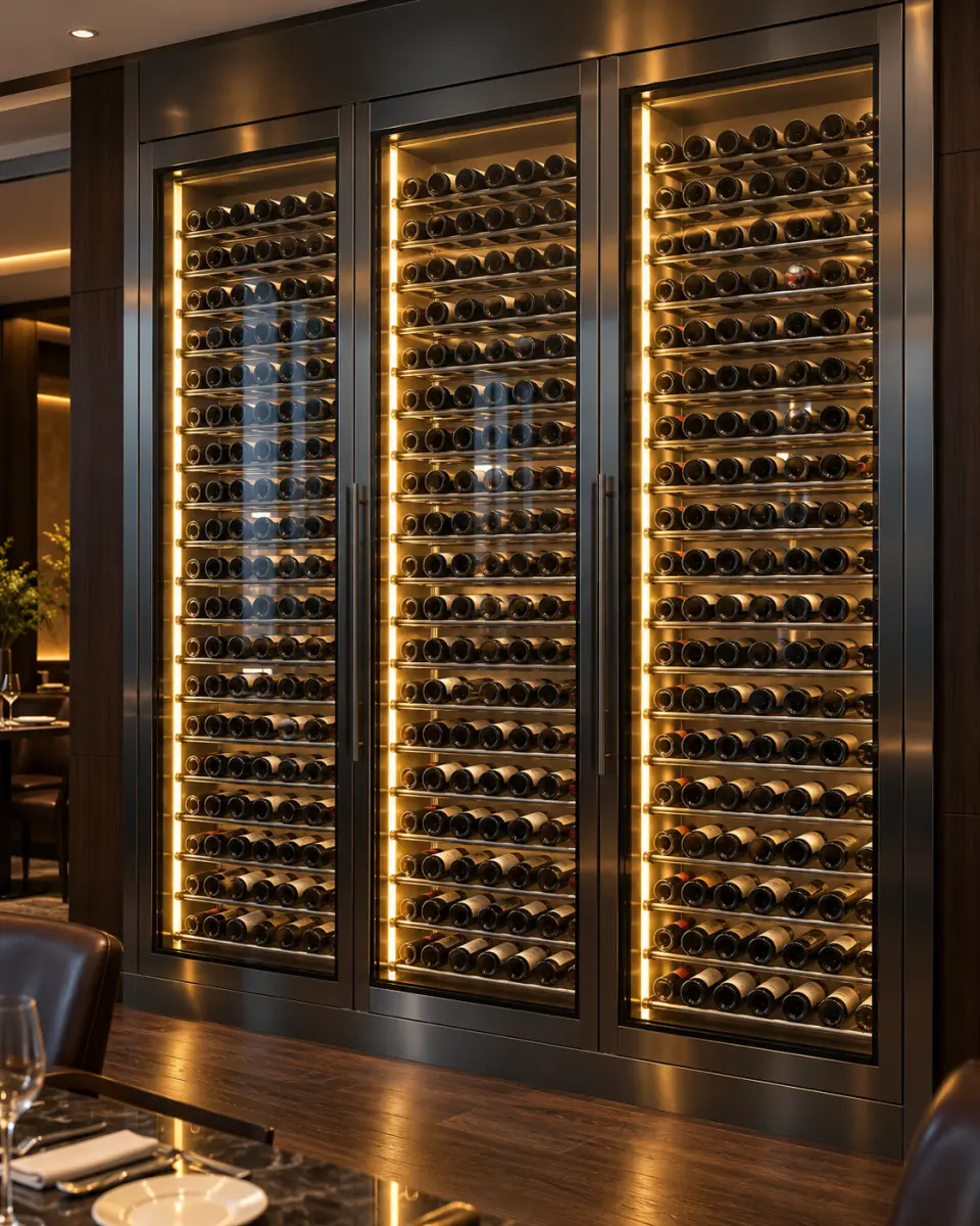 Floor to ceiling stainless steel wine wall with three glass doors and warm LED lighting in a restaurant (rendering)