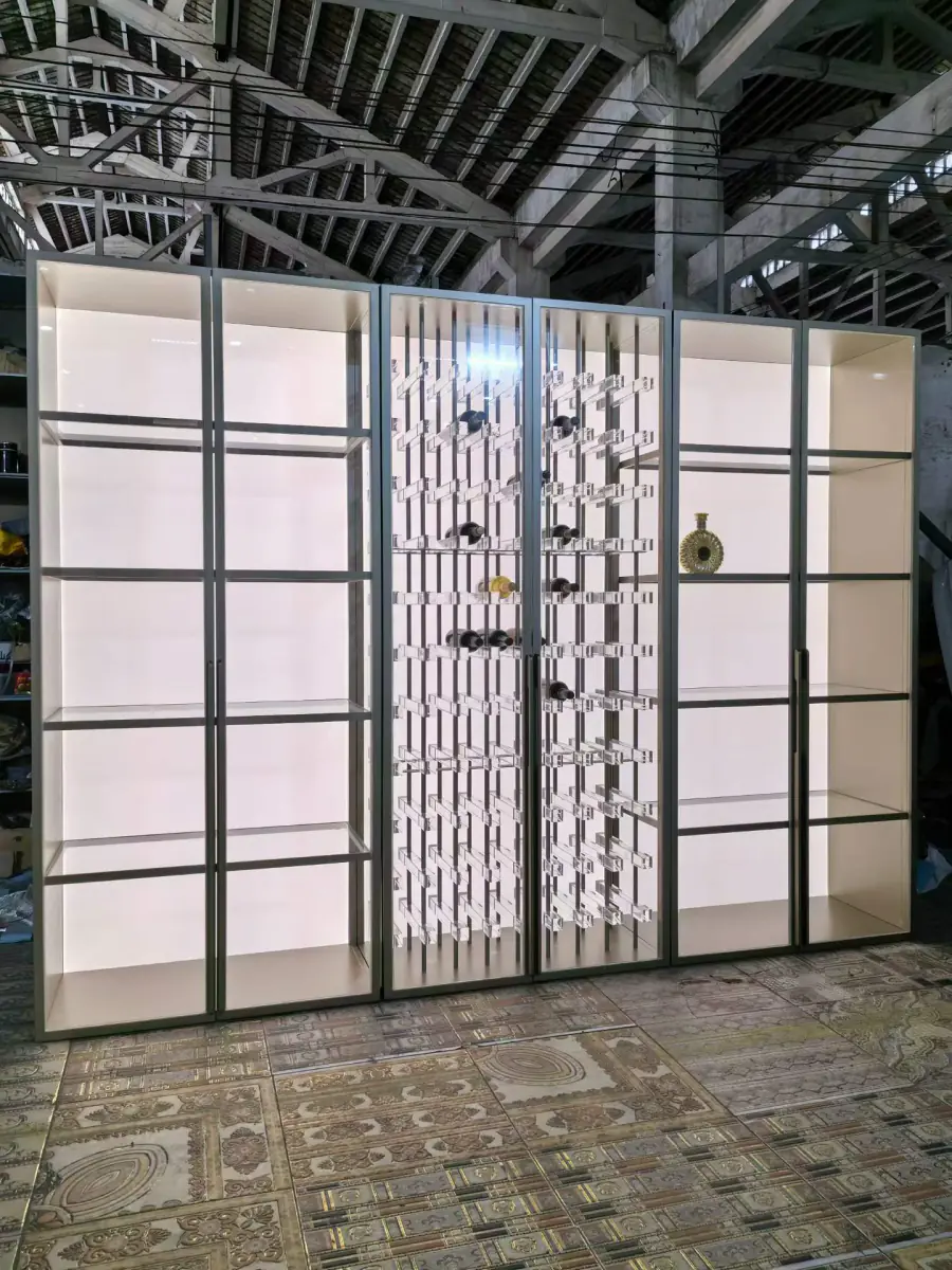 Six door wine display cabinets with glass shelves and acrylic bottle racks