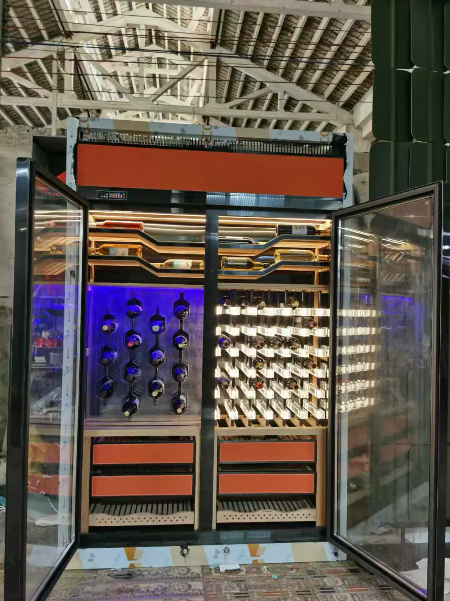 Double door wine cabinet with temperature control, LED lit racks and drawers