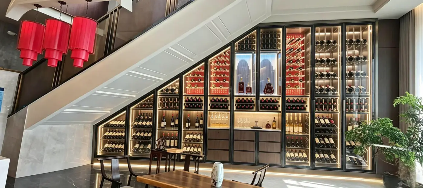 Under stair wine wall with lit glass door sections following the staircase