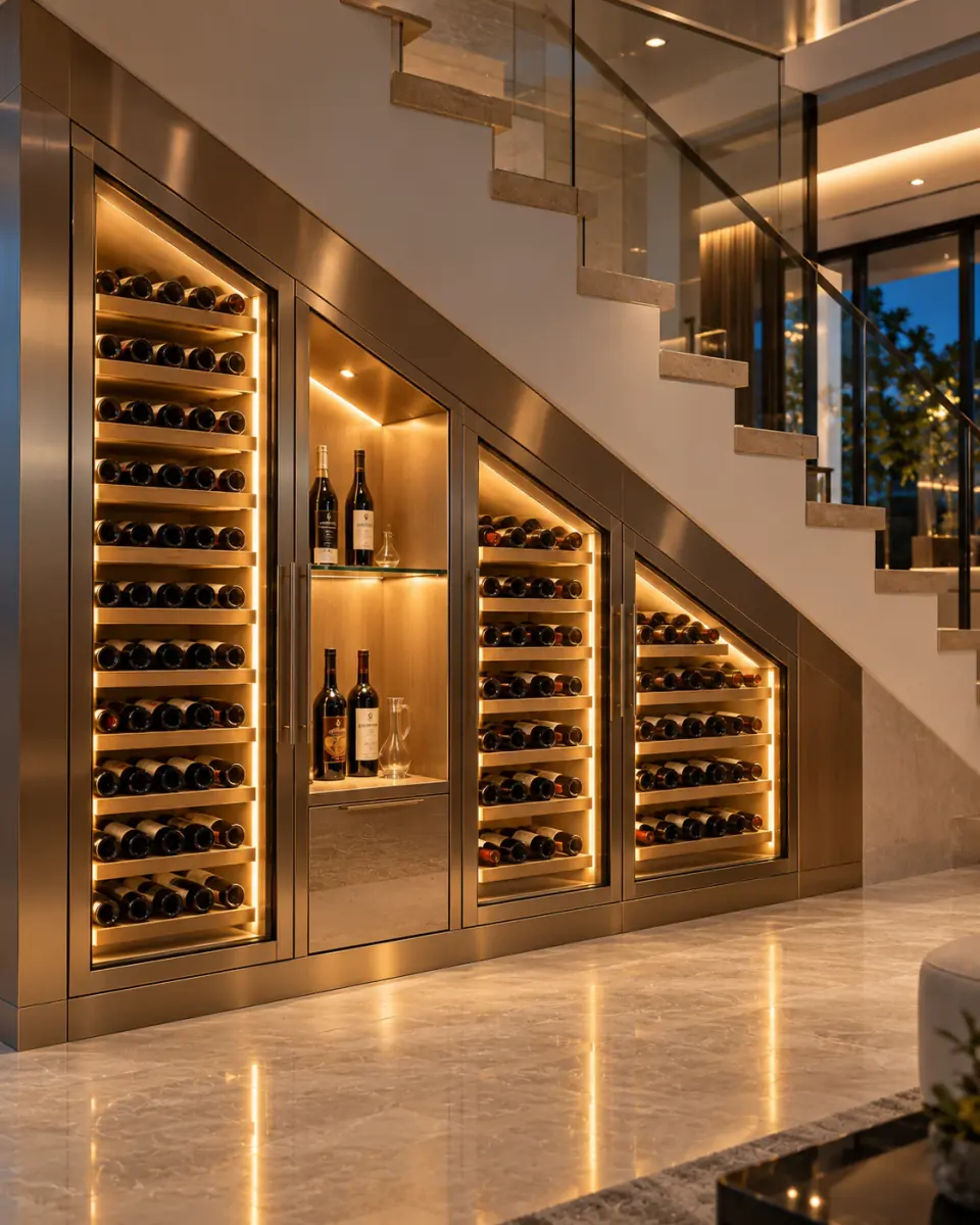 Under stair wine cabinet in bronze stainless steel following the staircase slope, with a lit display niche (rendering)